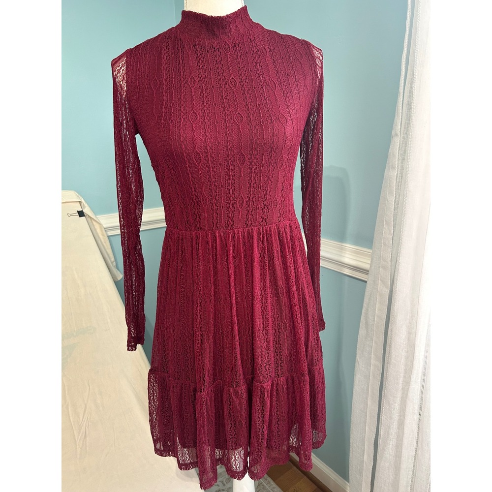 As U Wish Burgundy Lace Mock Neck Long Sleeve Tiered Fit‎ & Flare Dress Size M